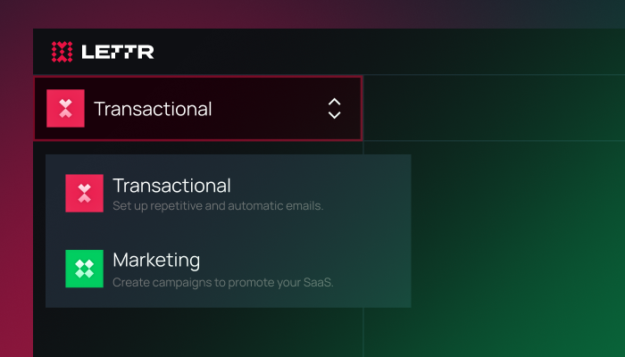 Lettr workspace switcher showing two separate streams: Transactional for repetitive automatic emails and Marketing for promotional campaigns.